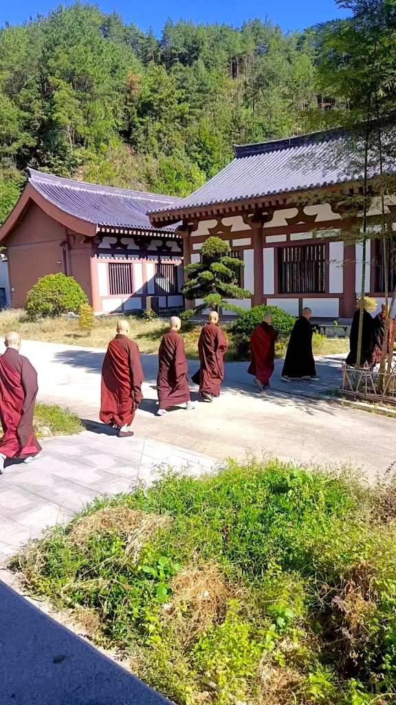 Monks in red robes walking through the temple grounds