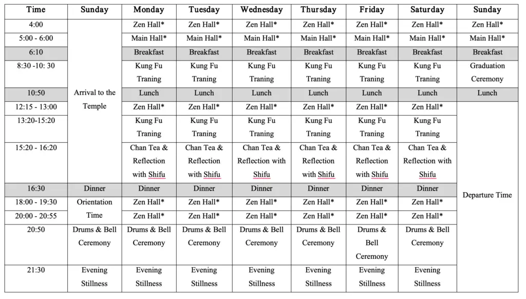 Sample weekly timetable: Zen Hall meditation and Main Hall ceremony from 4:00, Kung Fu training morning and afternoon, Chan tea and reflection with Shifu, evening stillness and the Drums and Bell ceremony